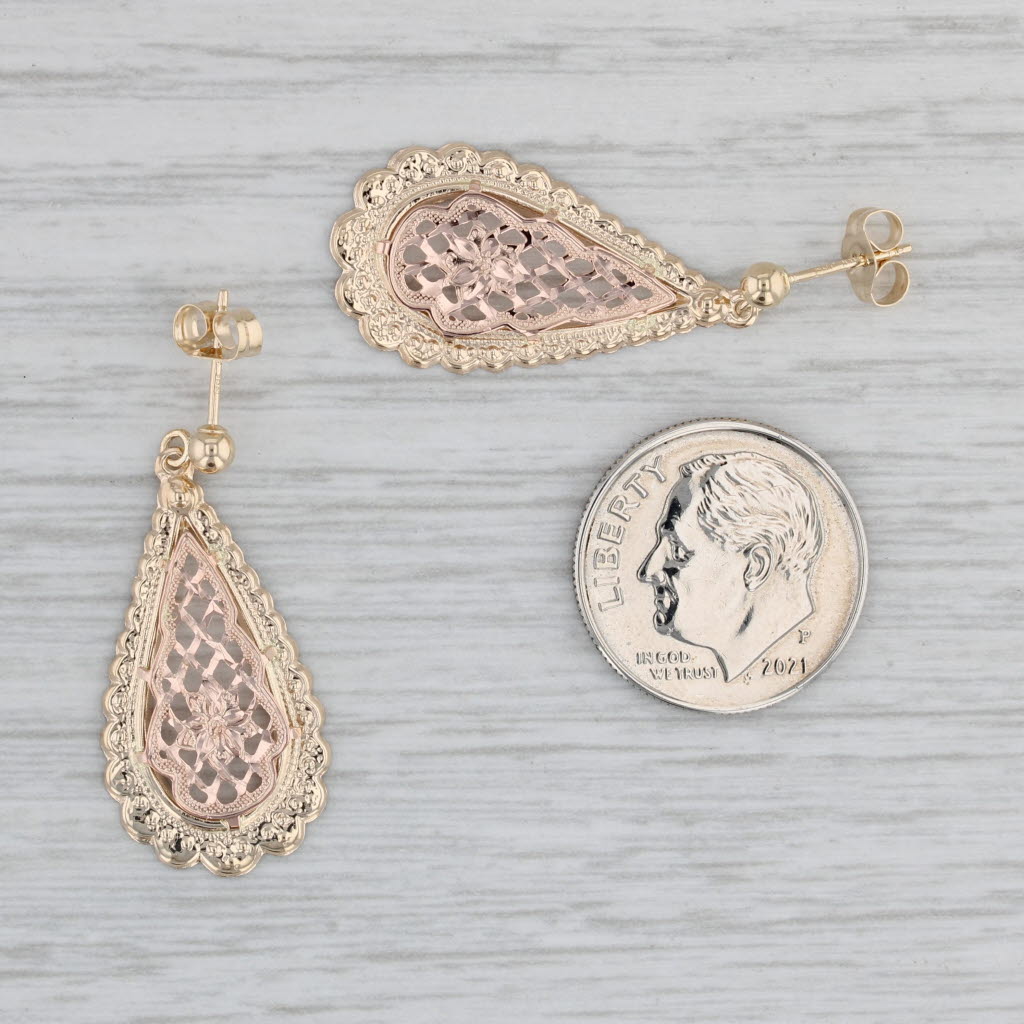 Gray Floral Lattice Work Teardrop Earrings 14k Yellow Rose Gold Pierced Drops