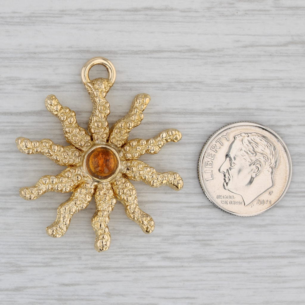 Gray Citrine Sun Pendant 18k Yellow Gold Celestial Statement Charm