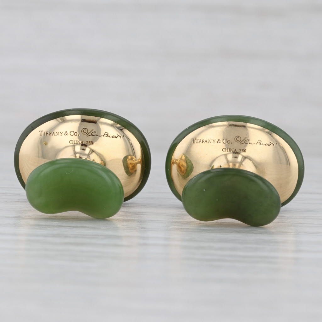 Tiffany Elsa Peretti Nephrite Jade Carved Bean Cufflinks w/ Pouch 18k Gold