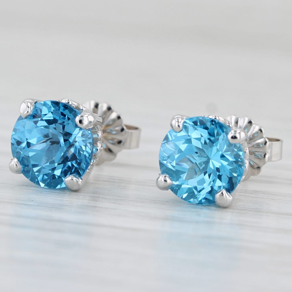 Light Gray 3.53ctw Blue Topaz Round Solitaire Stud Earrings 14k White Gold