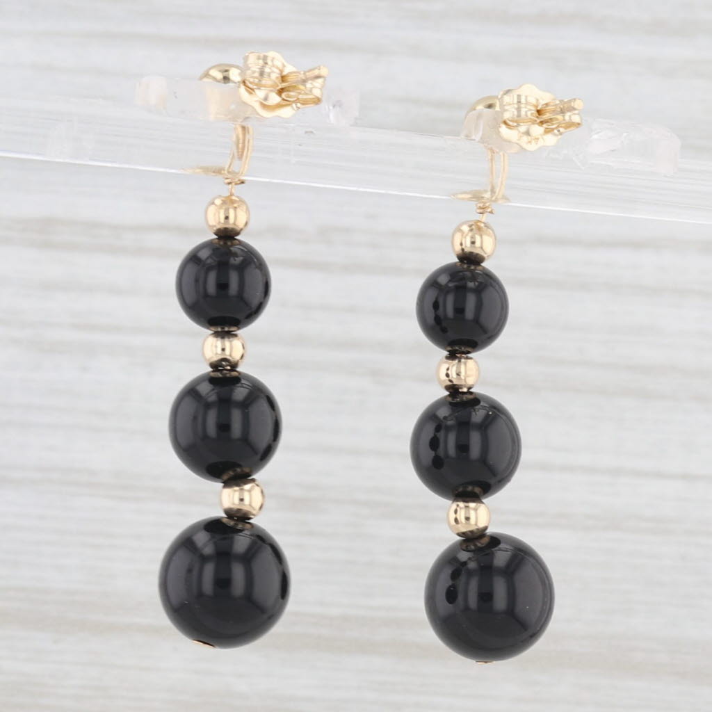 Light Gray Onyx Bead Dangle Earrings 14k Yellow Gold Pierced 3-Stone Drops