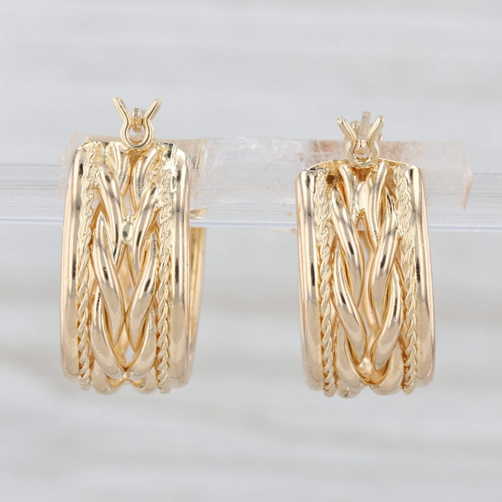 Openwork Woven Rope Hoop Earrings 14k Yellow Gold Snap Top Hoops
