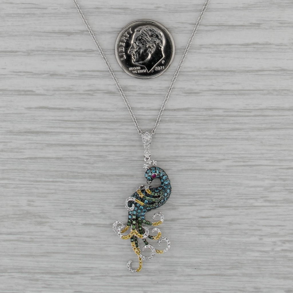 Effy 1.11ctw Diamond Peacock Pendant Necklace 14k White Gold 16-18" Cable Chain