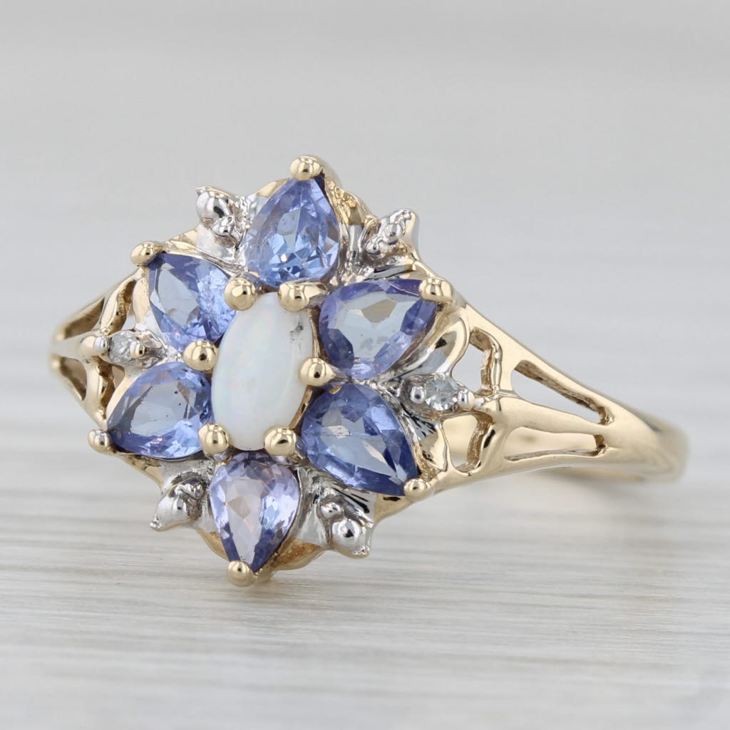 Gray Opal 0.94ctw Tanzanite Flower Ring 10k Yellow Gold Size 8