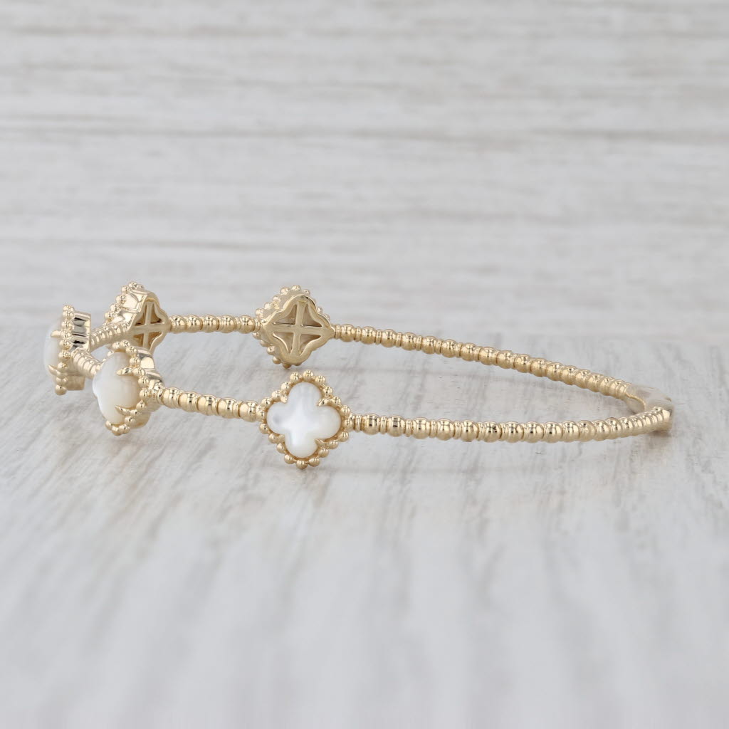 New Mother of Pearl Clover Bead Flexible Bangle Bracelet 14k Gold 6.5"