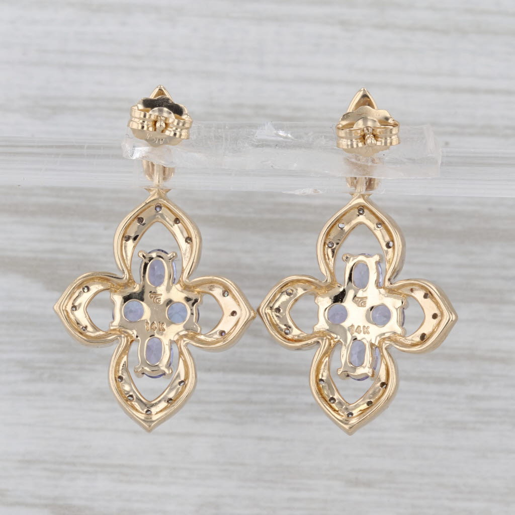 1.64ctw Tanzanite Diamond Flower Dangle Earrings 14k Yellow Gold Drops