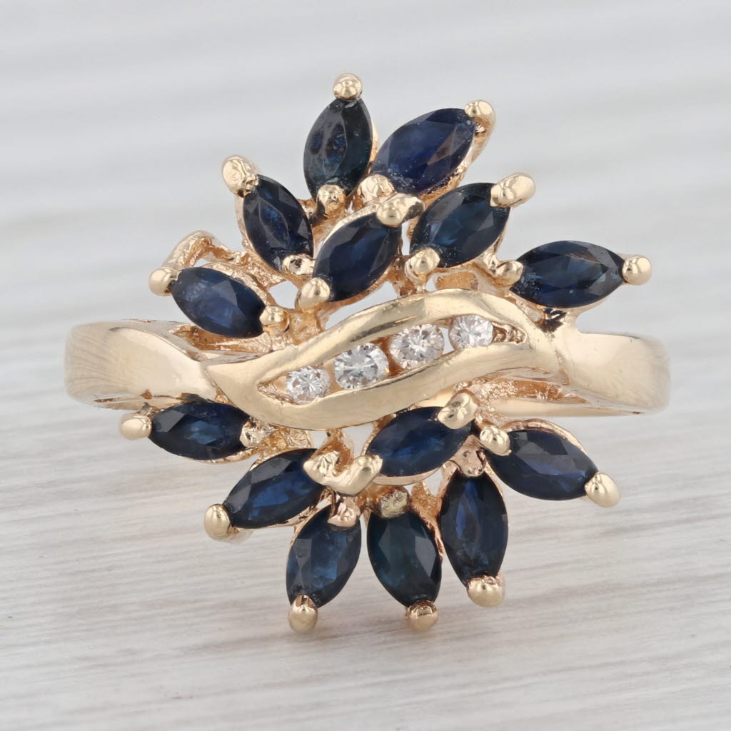 Light Gray 1.05ctw Blue Sapphire Diamond Cluster Flower Ring 14k Yellow Gold Size 6.25