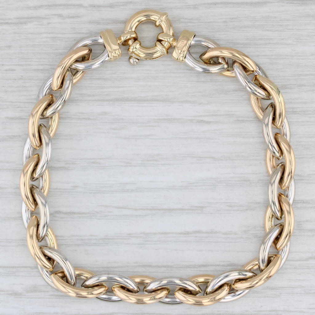 Light Gray 2-Toned Cable Chain Bracelet 14k Yellow White Gold 7" 8.6mm Italian