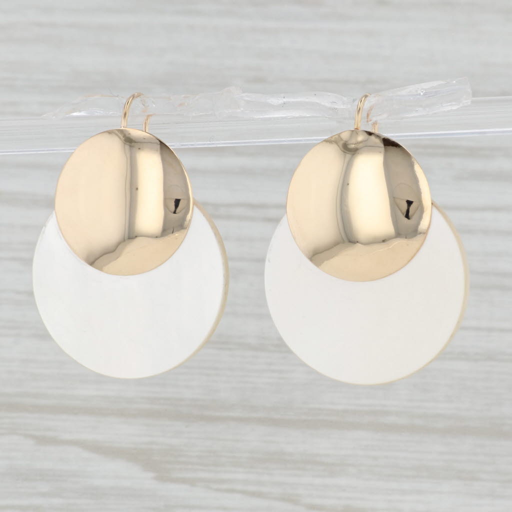 Light Gray Mother of Pearl Round Drop Earrings 14k Yellow Gold Hook Posts