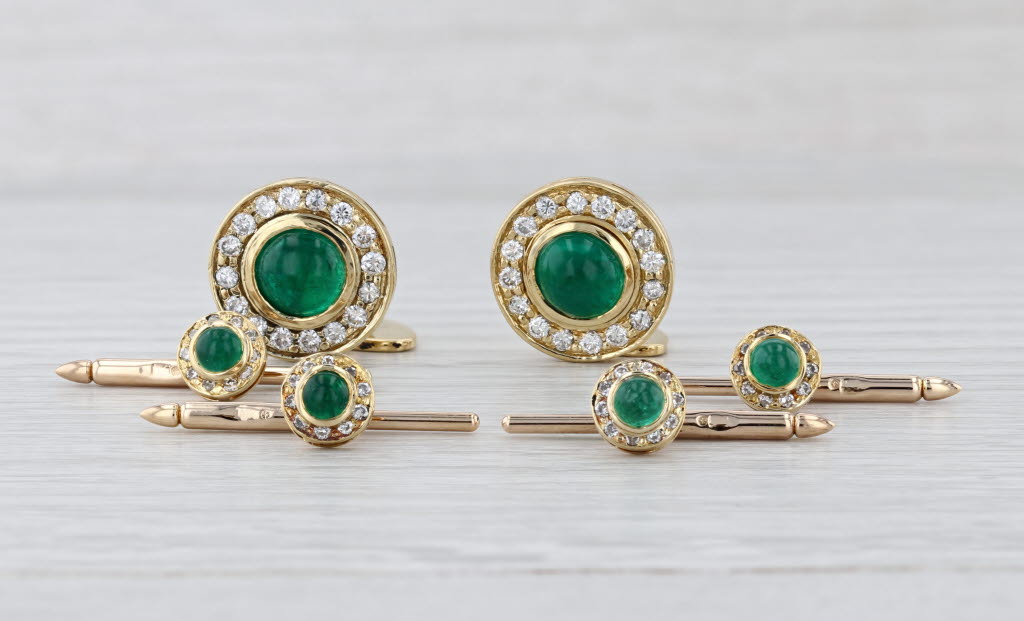 Emerald Diamond Halo Cufflinks 4 Shirt Studs 18k 14k Gold Vintage Men's