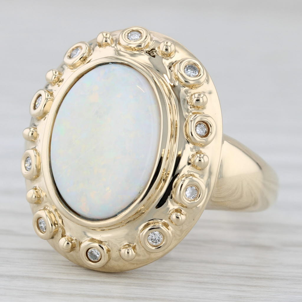 Light Gray Opal Oval Cabochon Diamond Ring 14k Yellow Gold Size 9