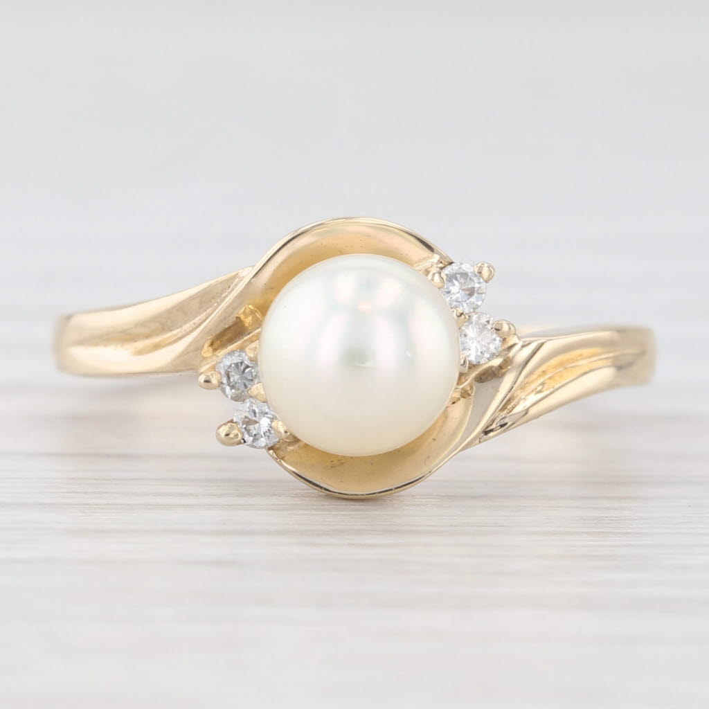 Light Gray 6.3mm Cultured Pearl Bead Diamond Ring 14k Yellow Gold Size 6