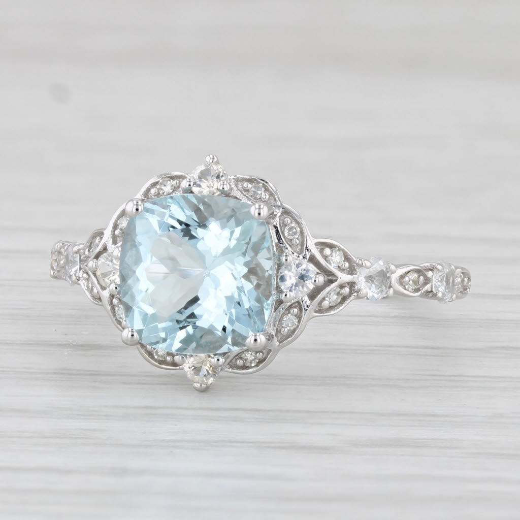 Light Gray 2.58ctw Aquamarine Sapphire Diamond Halo Ring 14k White Gold Size 8