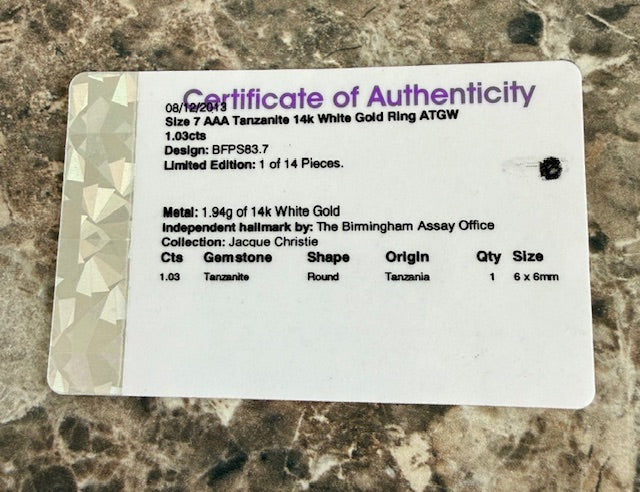1.03ct Tanzanite Round Solitaire Ring 14k White Gold Size 7 COA Jacque Christie