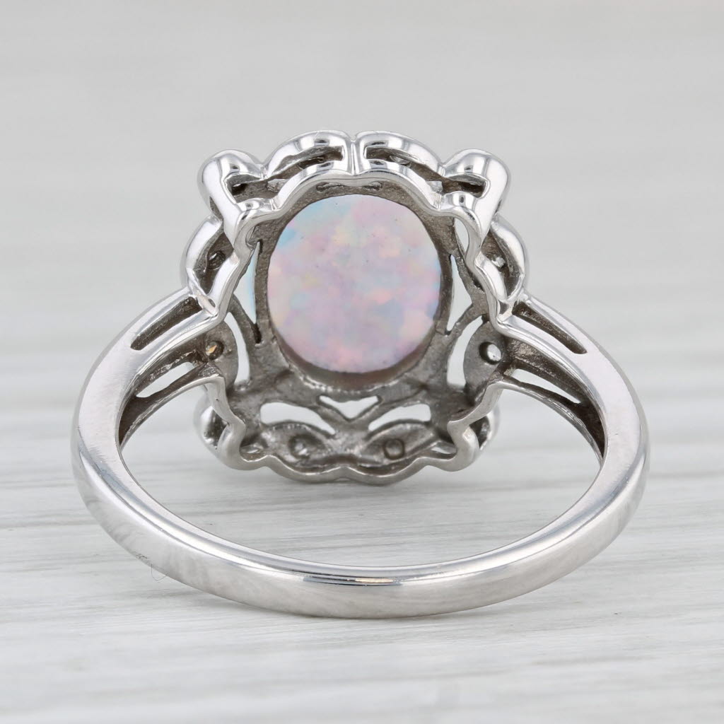 Light Gray Lab Created Opal Diamond Halo Ring 10k White Gold Size 7.25 Oval Cabochon