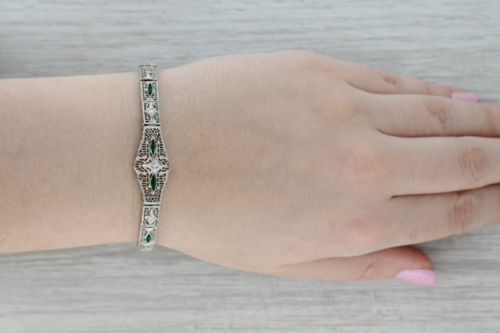 Dark Gray Art Deco Diamond Imitation Emerald Filigree Bracelet 14k White Gold 7"