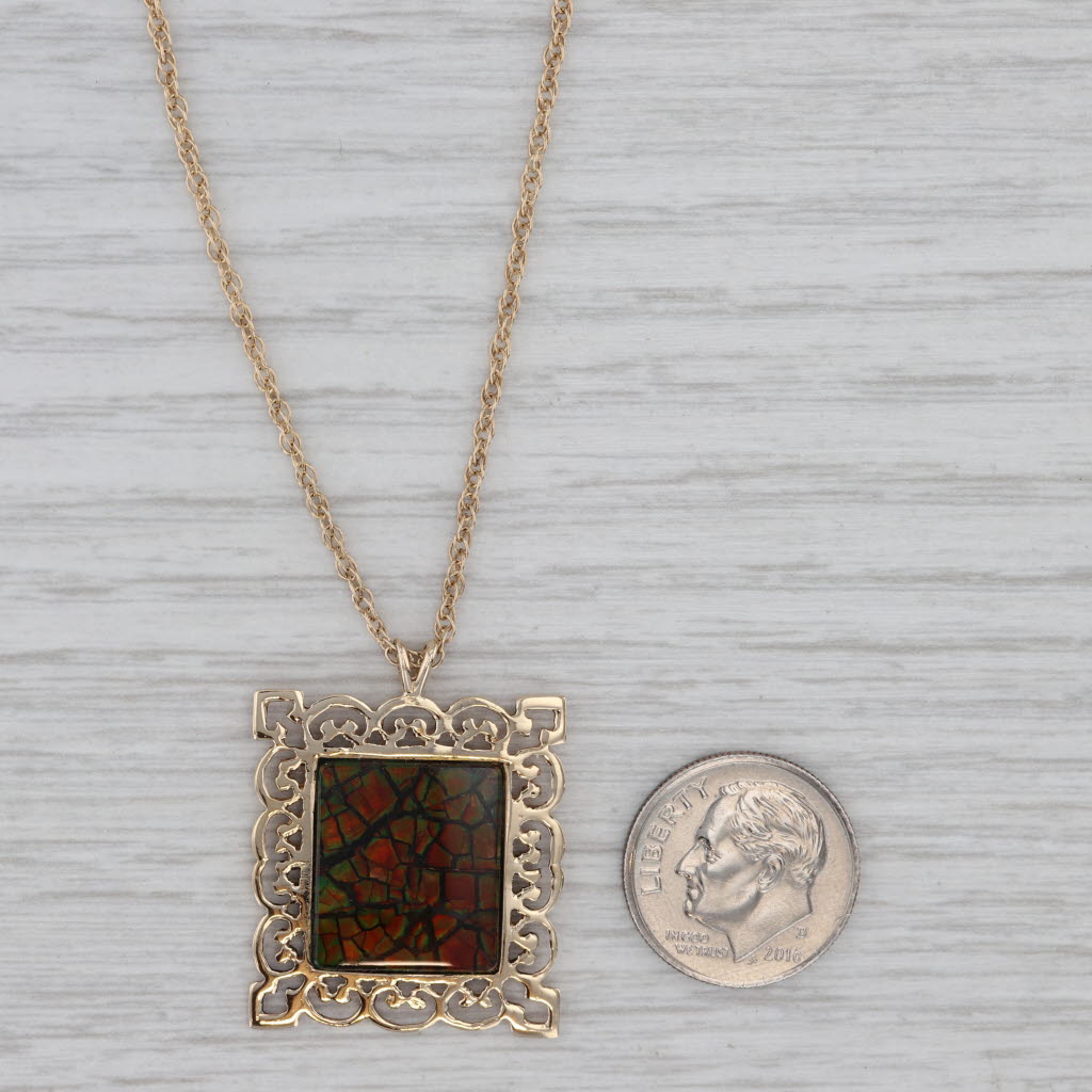 Gray Ammolite Quartz Ornate Framed Pendant Necklace 14k Yellow Gold 15" Rope Chain