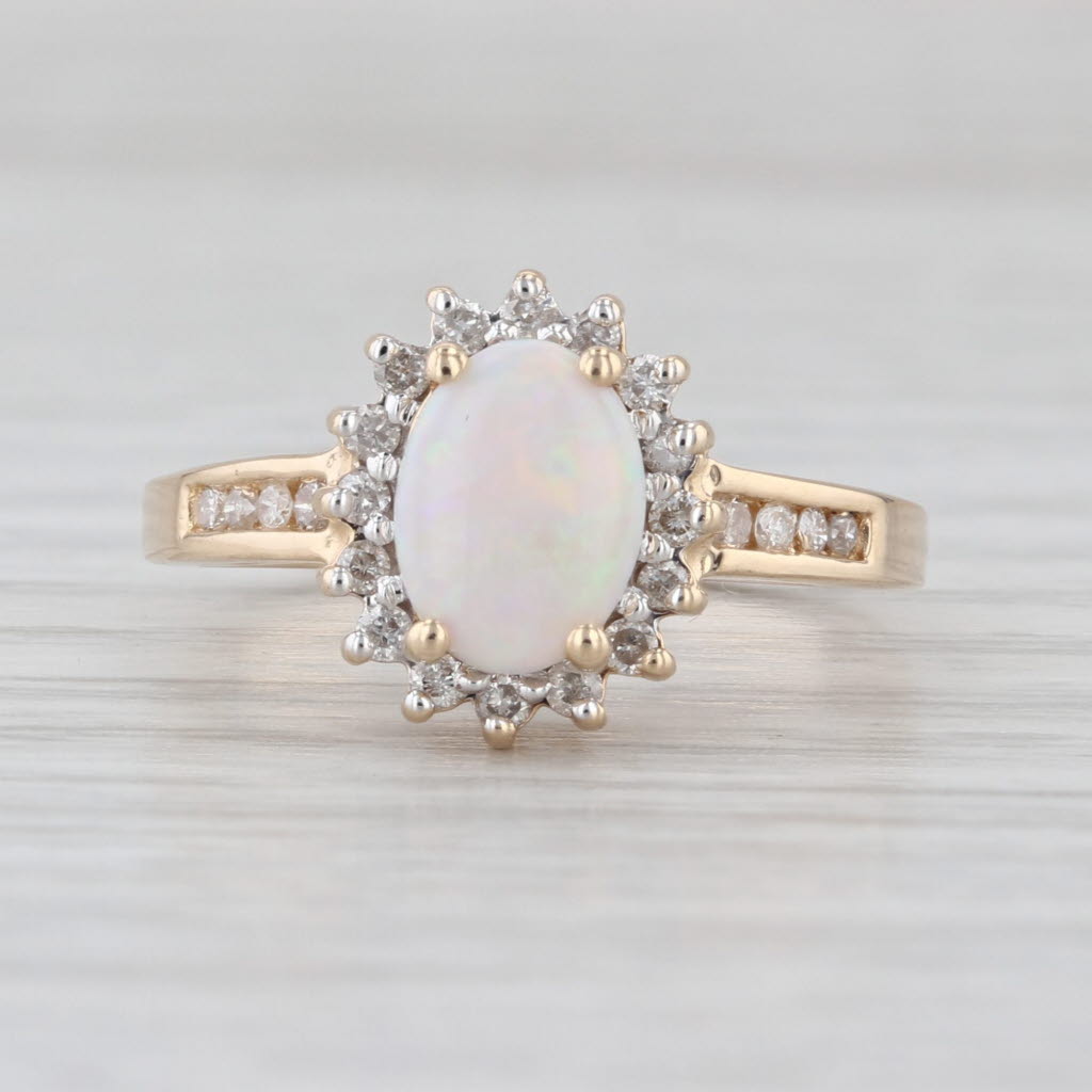 Oval Opal Cabochon Diamond Halo Ring 14k Yellow Gold Size 6.5