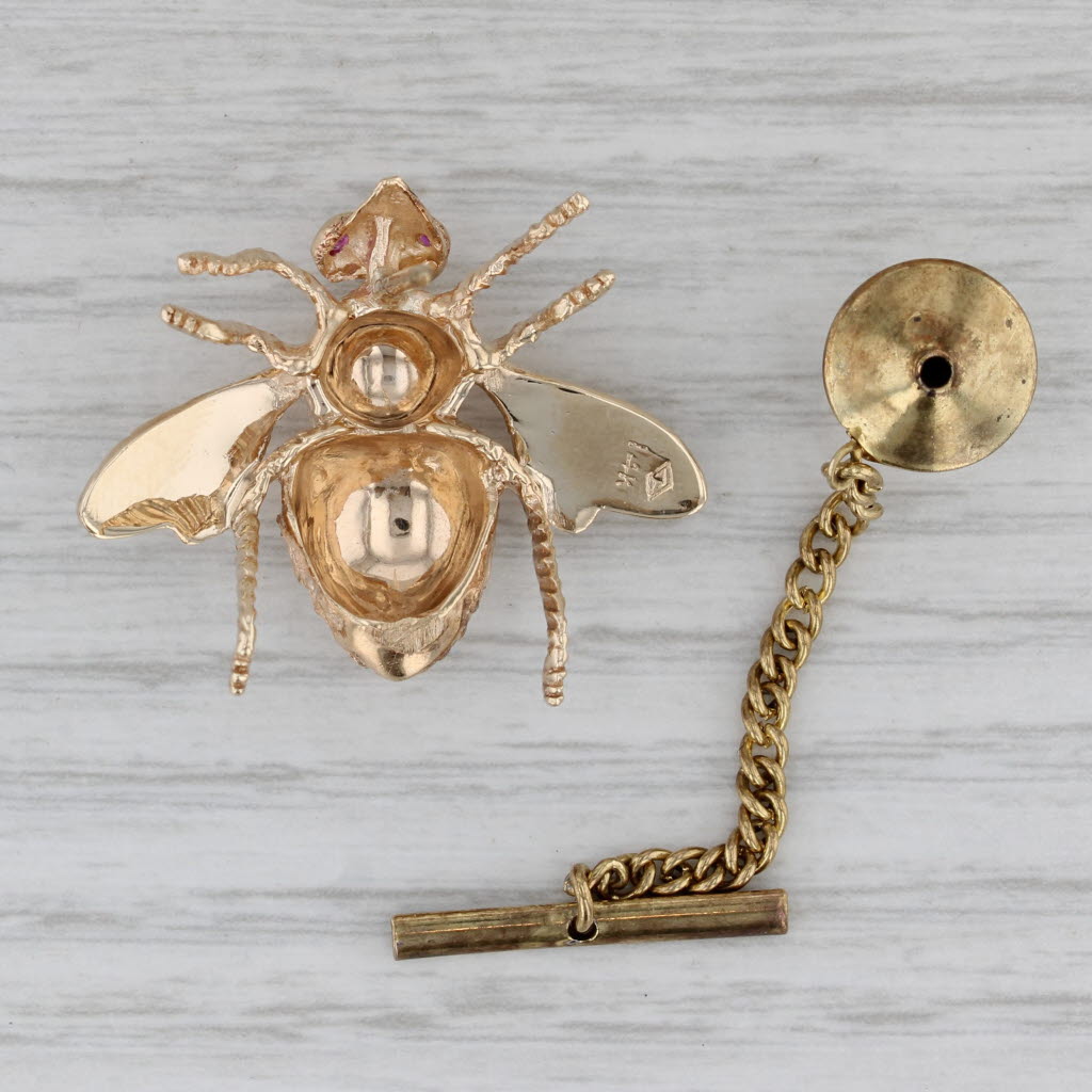 Gray Ruby Eyed Bumble Bee Brooch Tie Tac Pin 10k Yellow Gold Vintage