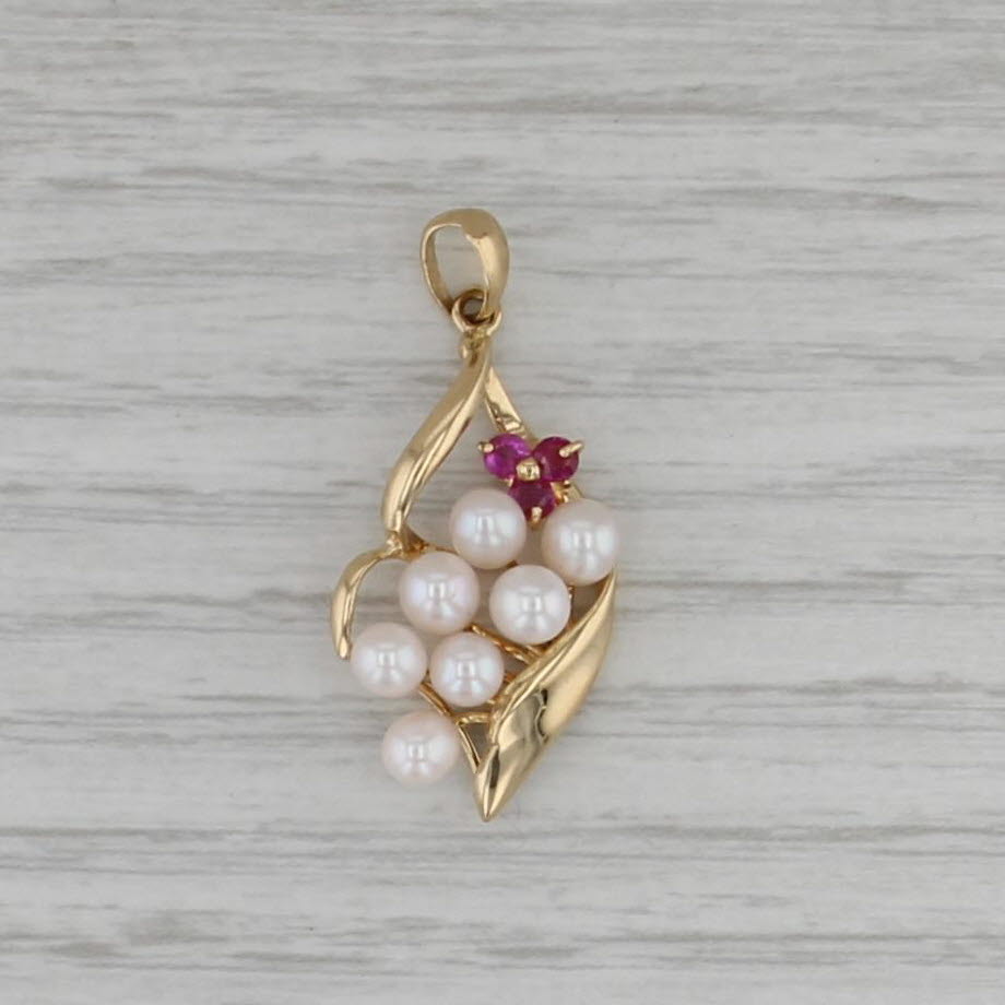 Cultured Pearl Ruby Cluster Pendant 18k Yellow Gold