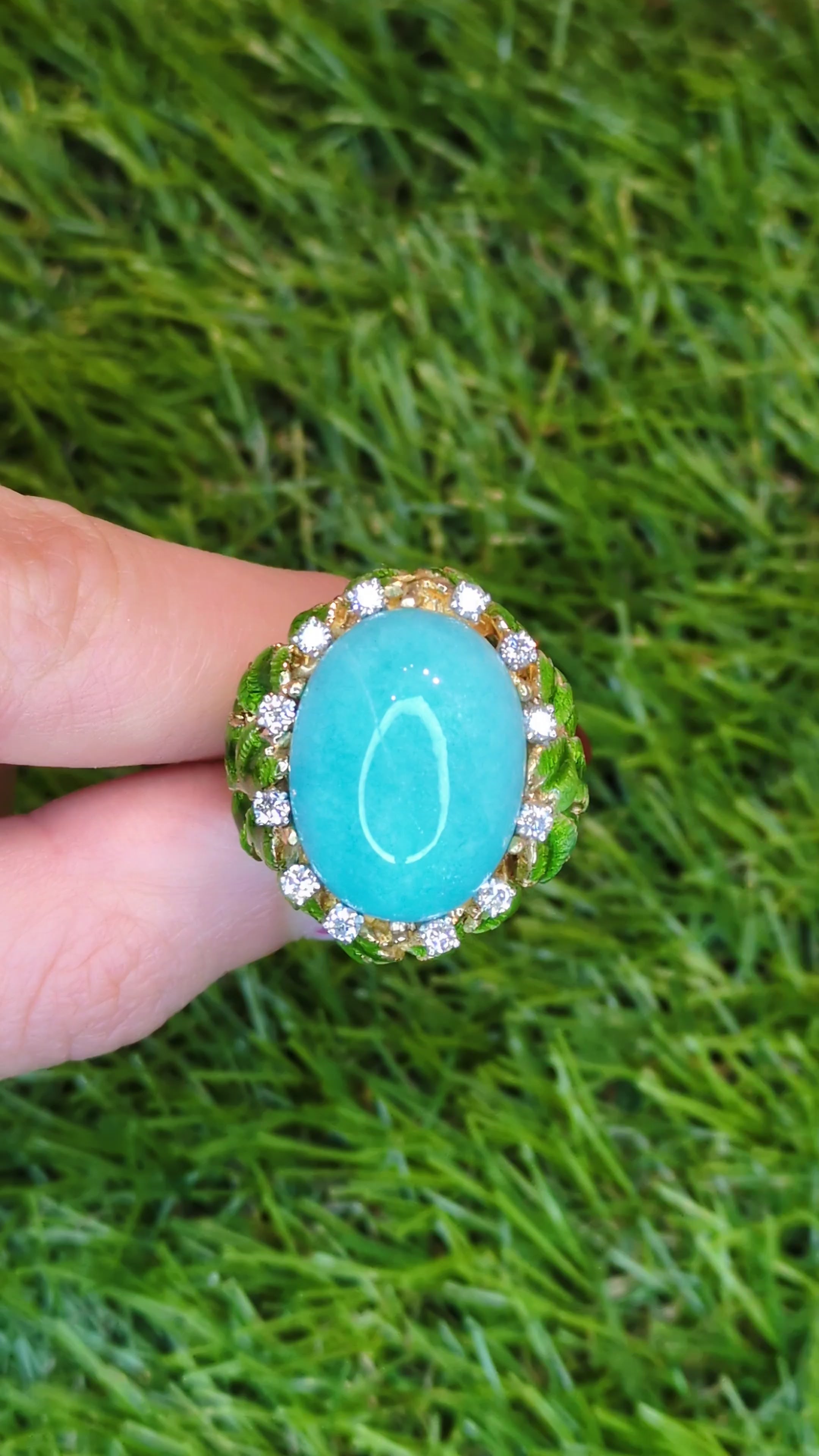 Vintage Amazonite Diamond Ring 18k Yellow Gold Size 6.25 Jack Gutschne