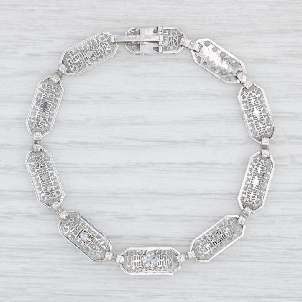 Light Gray Art Deco Diamond Bracelet Platinum Silver 14k Gold 7" Antique Filigree 3 Stone