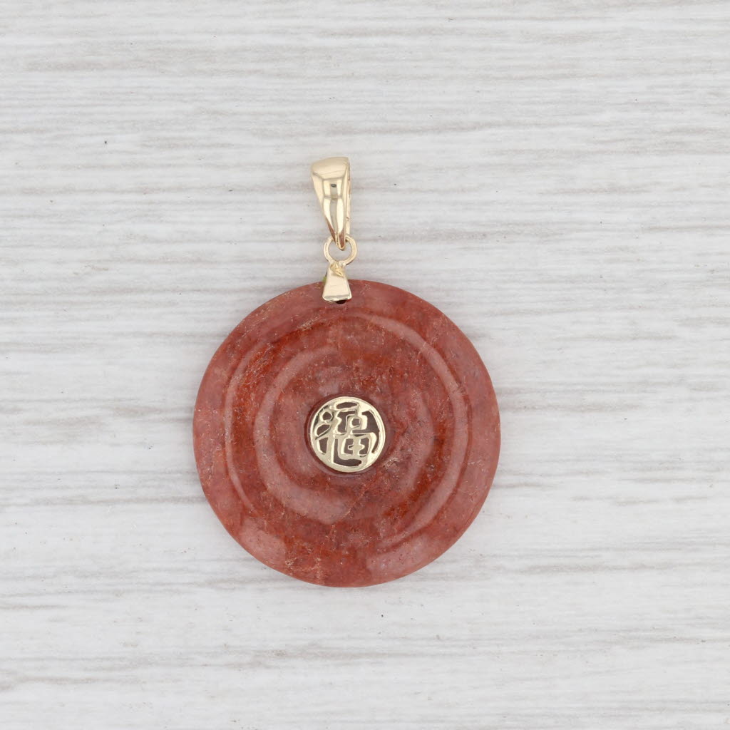 Light Gray Red Jadeite Jade Torus Pendant Chinese Good Luck 14k Yellow Gold