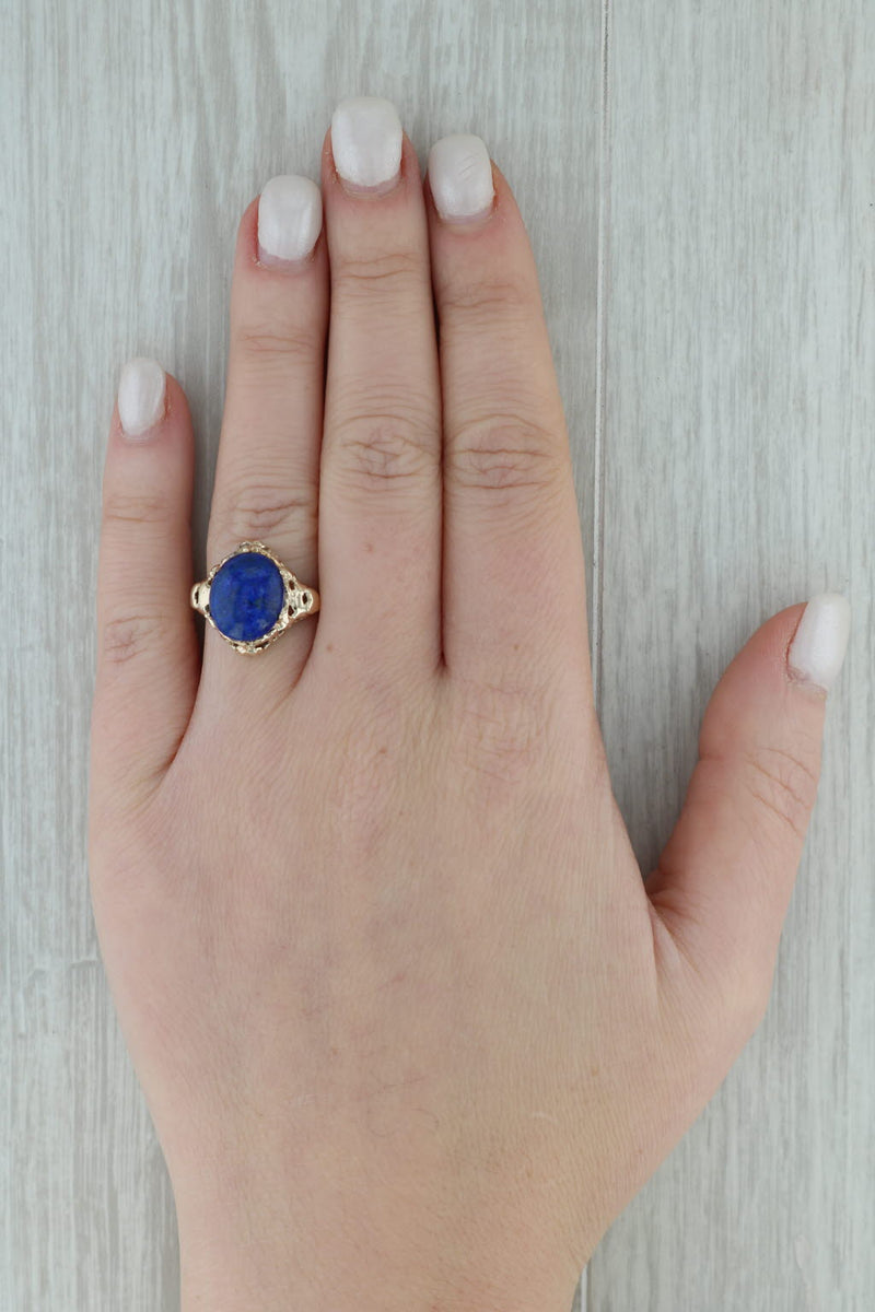 Blue Lapis Lazuli Oval Cabochon Solitaire Ring 10k Yellow Gold Heart Accents 6