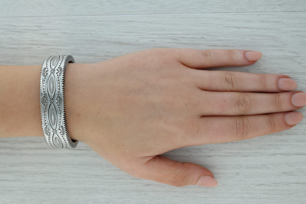 Dark Gray Native American Stamped Pattern Cuff Bracelet Sterling Silver Alice McShirley