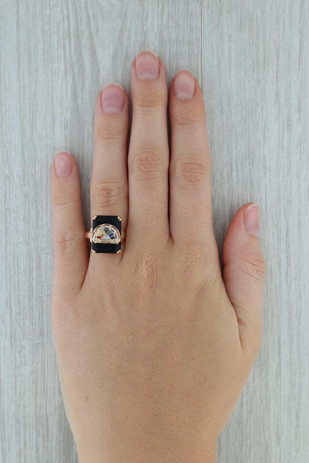 Dark Gray Vintage Onyx Rainbow Girls Signet Ring 10k Yellow Gold Size 6.5 Masonic Youth