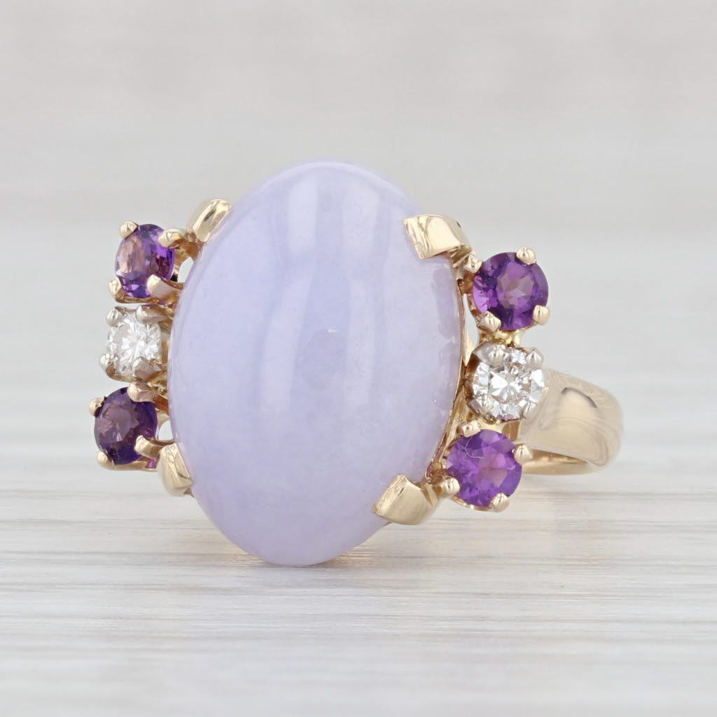 Light Gray Purple Jadeite Jade Diamond Amethyst Ring 14k Yellow Gold Size 2.5 Small Size