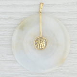 Light Gray Green Jadeite Jade Torus Disc Pendant 14k Gold Chinese Character Good Luck