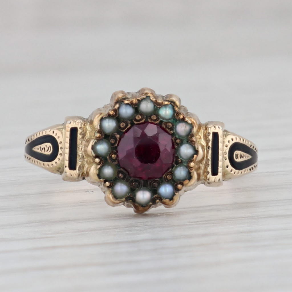 Gray Victorian Garnet Pearl Halo Ring 14k Yellow Gold Enamel Size 7.75 Antique