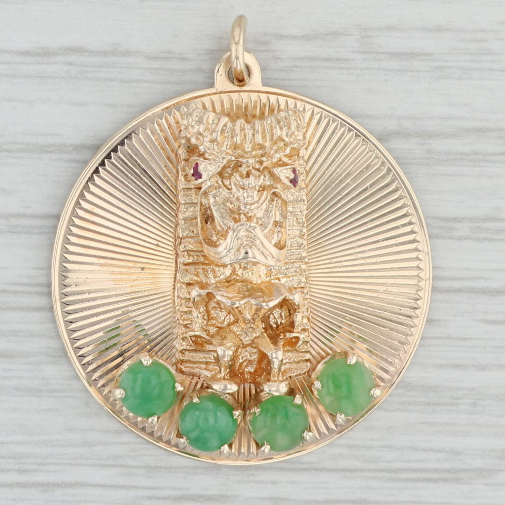 Gray Tiki Man Medallion Pendant 14k Yellow Gold Ruby Jadeite Jade Tribal Figural