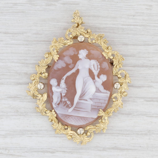 Light Gray Figural Carved Shell Cameo Pendant Brooch 10k Gold Floral Wreath Woman Children