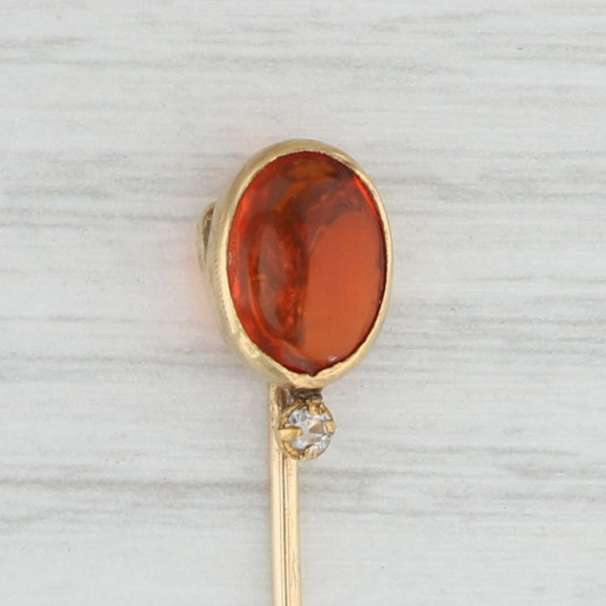 Light Gray Antique Orange Fire Opal Stickpin 14k Yellow Gold Oval Doublet Cabochon