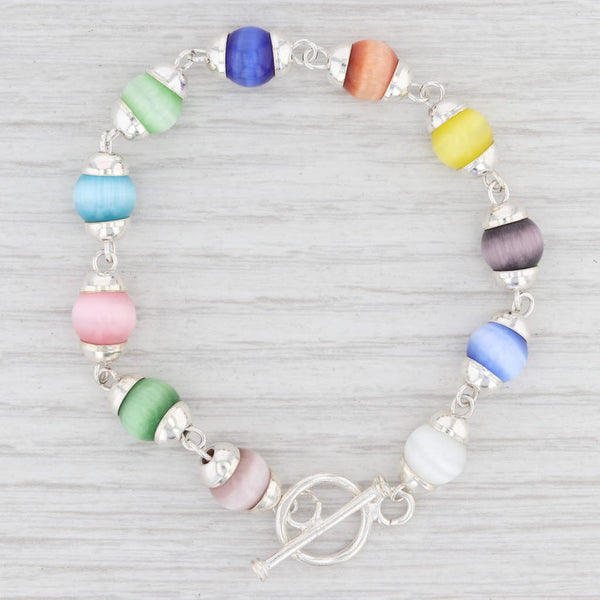 Light Gray New Glass Bead Bracelet 7.75" Sterling Silver Multi Color Statement Toggle Clasp