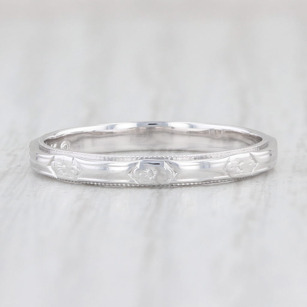 Light Gray Art Deco Floral Wedding Band 14k White Gold Stackable Ring