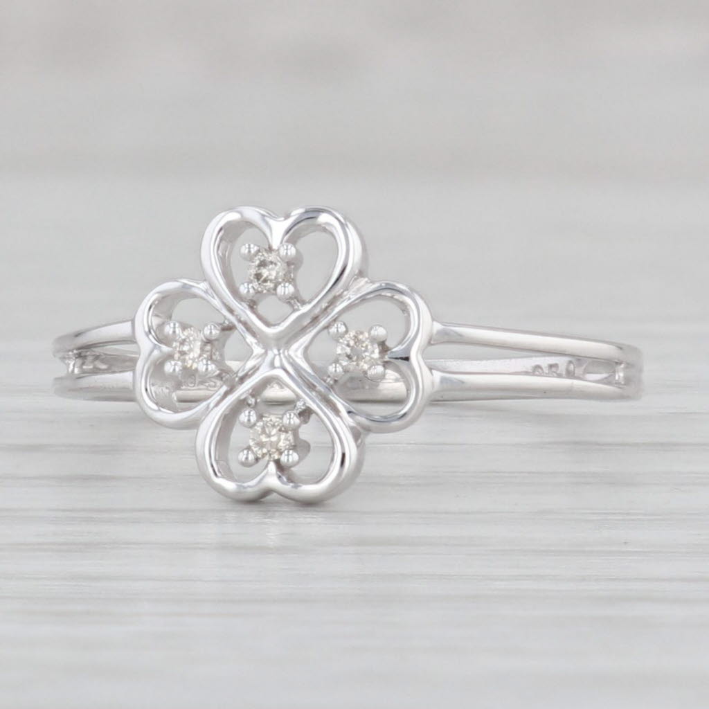 Light Gray Diamond Shamrock Ring 10k White Gold Hearts Clover Size 7.75