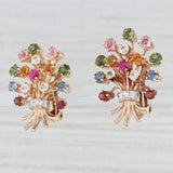 Vintage 4.54ctw Gemstone Flower Bouquet Earrings 14k Gold Clip On Non-Pierced