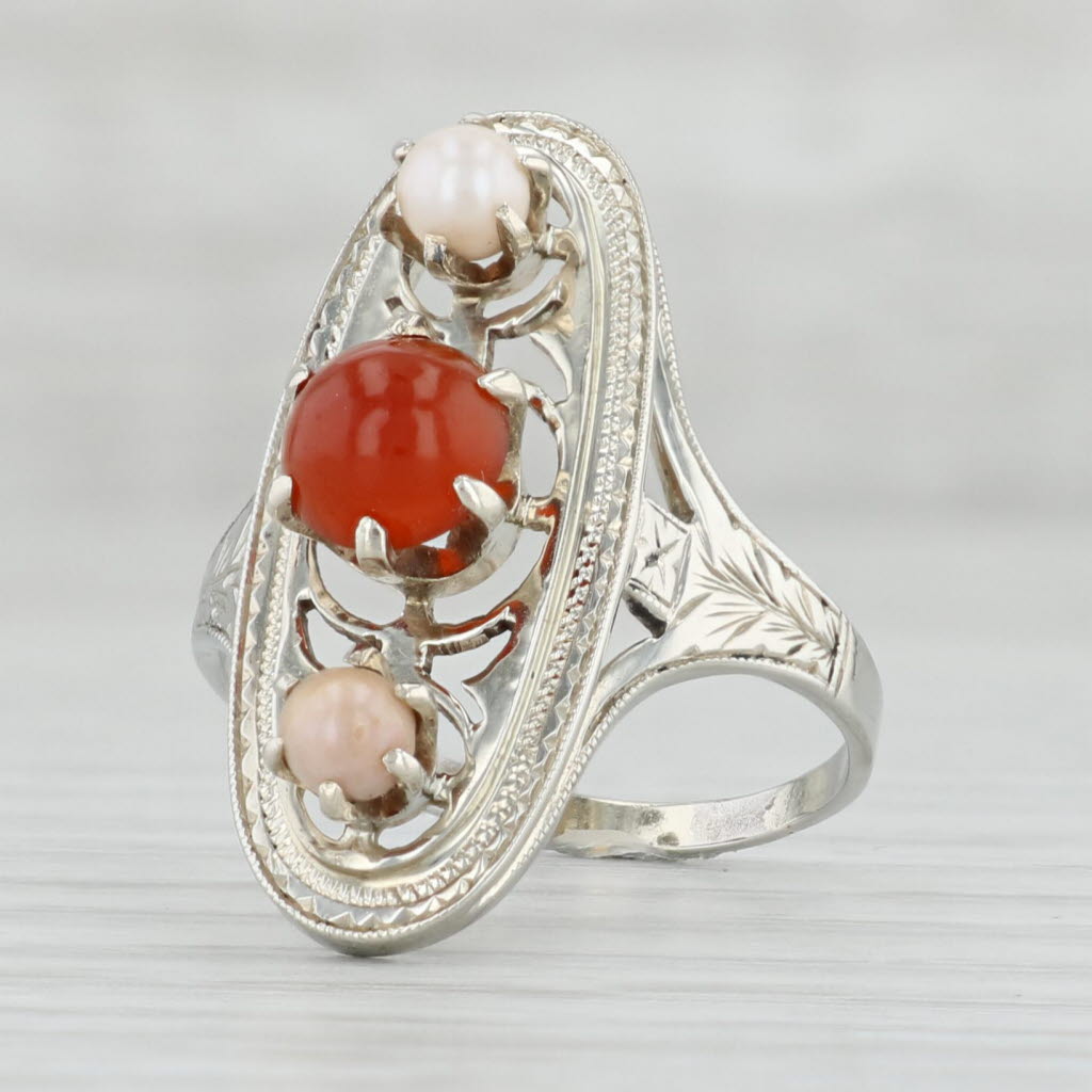 Light Gray Edwardian Cultured Pearl Carnelian Ring 14k White Gold Size 6.75 Antique Floral