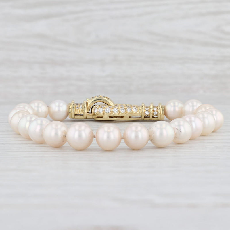 Cultured Pearl 1.13ctw Diamond Statement Bracelet 18k Yellow Gold 7.75"