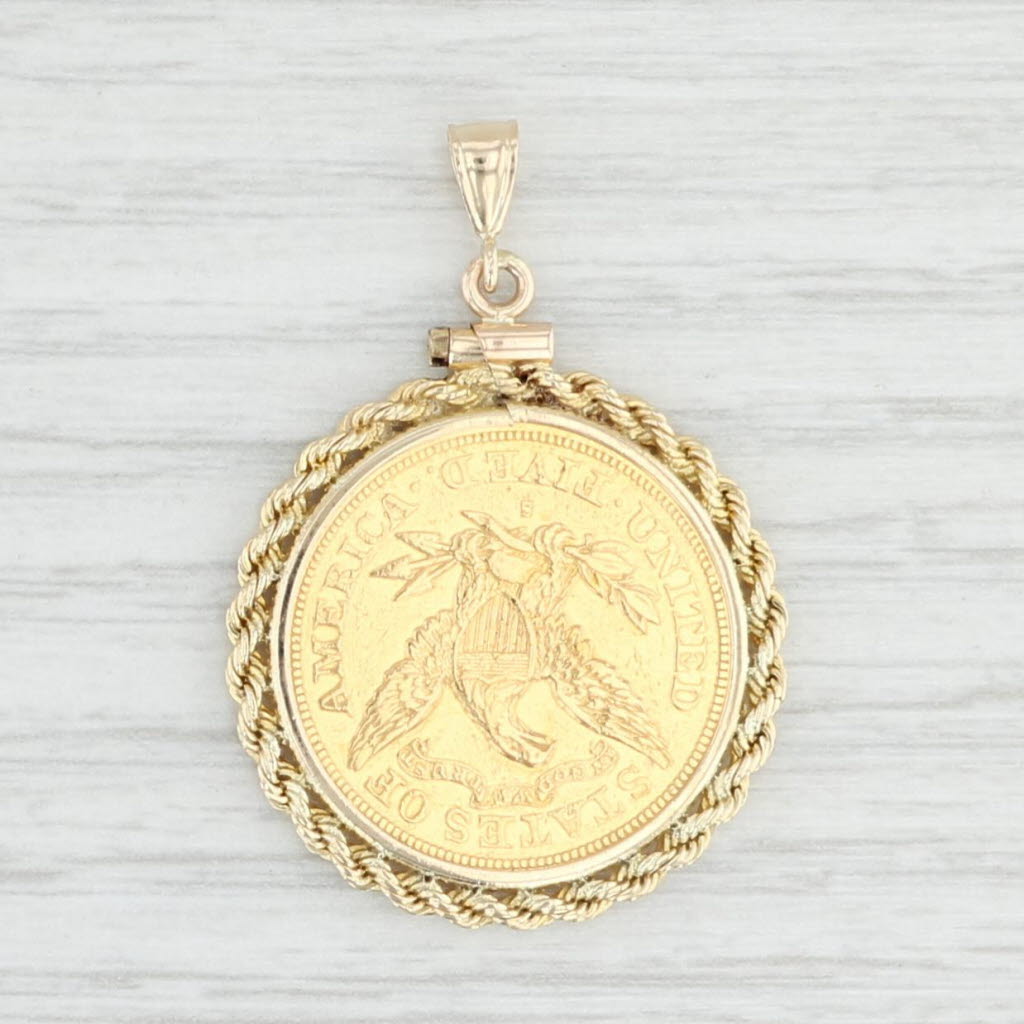 Light Gray 1879 5 Dollar Gold Liberty Coin Pendant 14k 900 Rope Bezel Collector Keepsake