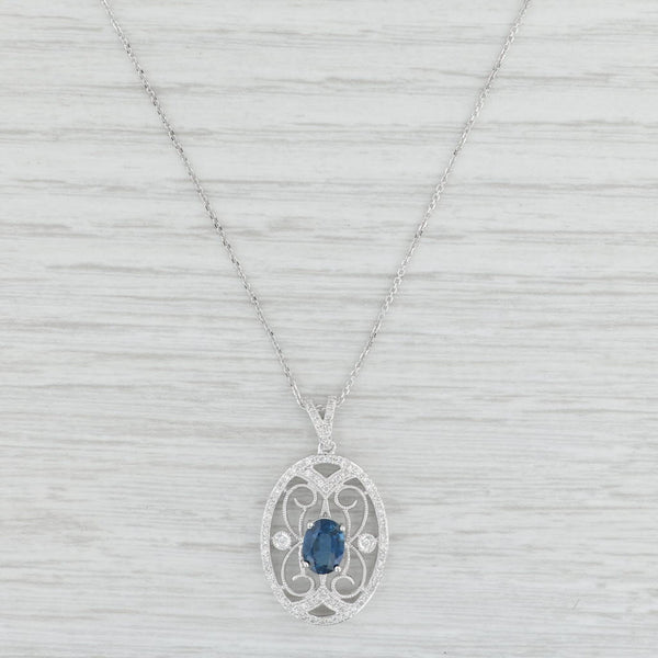 Light Gray 1.07ctw Blue Sapphire Diamond Filigree Pendant Necklace 14k White Gold 18"