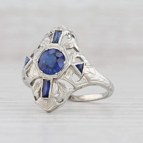 Light Gray Art Deco Synthetic Blue Sapphire Ring 18k White Gold Size 7 Vintage Floral