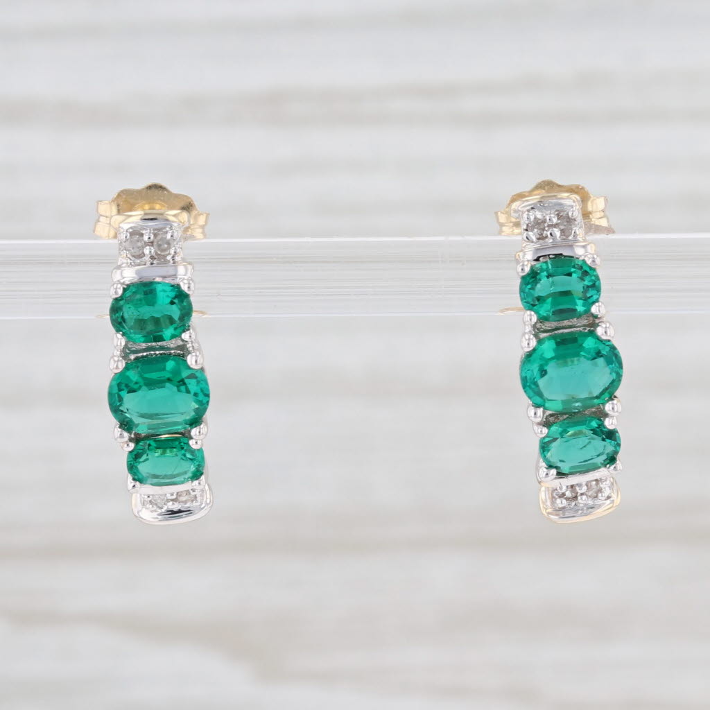 Light Gray 1.02ctw Synthetic Emerald Diamond J-Hook Earrings 10k Gold 3-Stone Journey