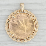Light Gray Authentic 1910 $10 Indian Head Coin Pendant 14k & 900 Yellow Gold Rope Bezel
