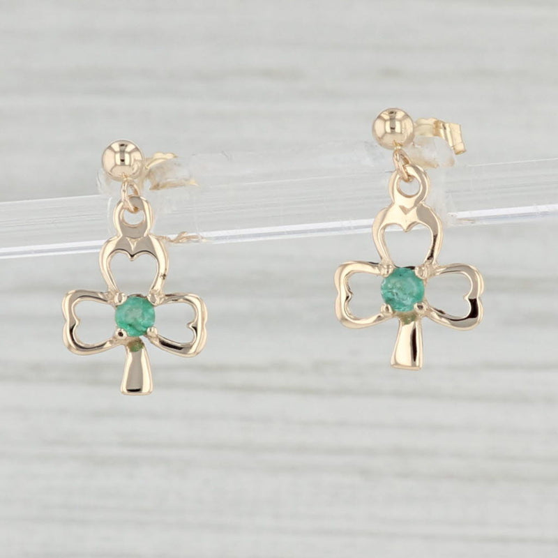 Light Gray 0.15ctw Emerald Clover Dangle Earrings 14k Yellow Gold Pierced Drops
