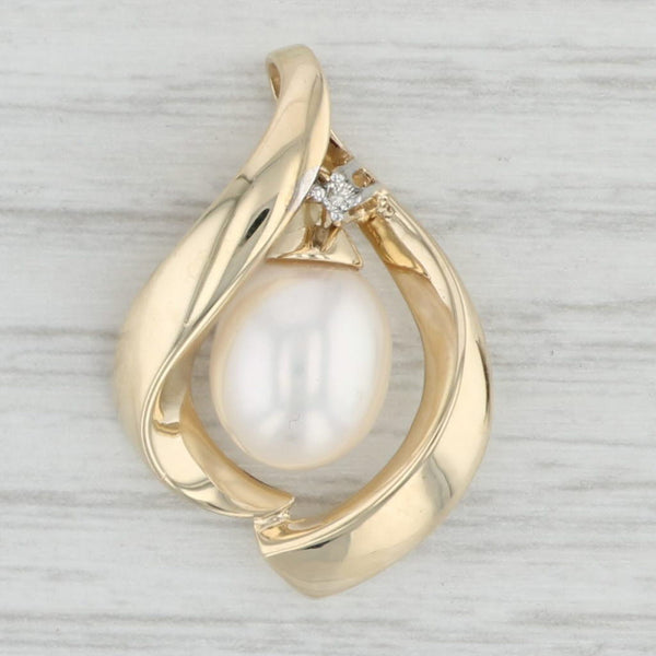 Light Gray Cultured pearl Diamond Pendant 14k Yellow Gold Floating Teardrop Statement