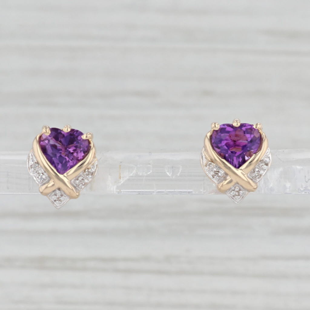 Light Gray 1.65ctw Amethyst Heart Stud Earrings 14k Yellow Gold Diamond Accents